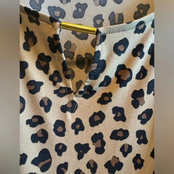 IMAN Global Chic Blouse Brown Tan Black Animal Print 3/4 Sleeve Gold Plus Sz 1X - Picture 2 of 9